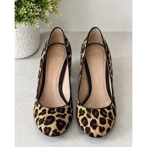 Tory Burch Astoria Leopard Print Calf Hair Leather Wedge Pumps Gold Heel Logo 7M